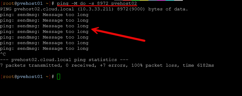 Jumbo frames failing from one proxmox host to another on a management link