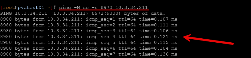 Jumbo frames successful using the ping command with jumbo frame packets