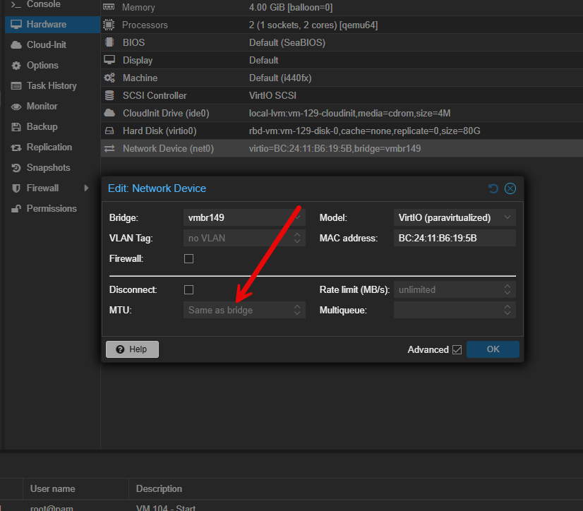 Mtu value is same as bridge for a proxmox vm unless explicitly set