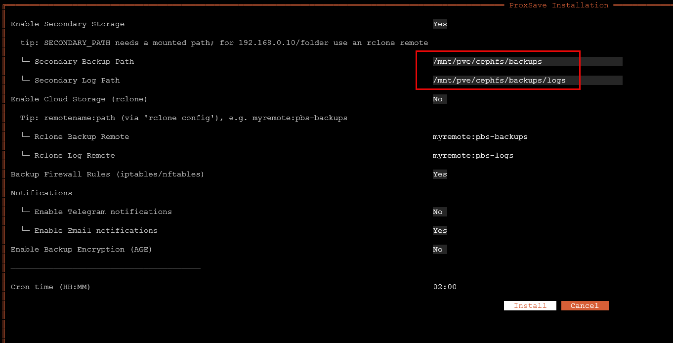 Pointing secondary backup location to the cephfs location