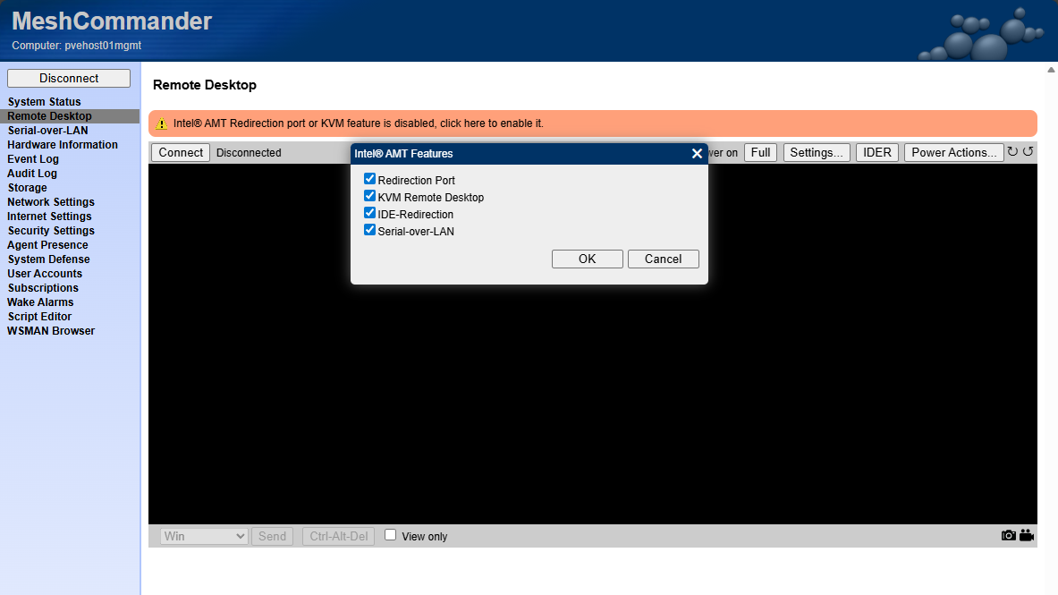 Select redirection port and kvm