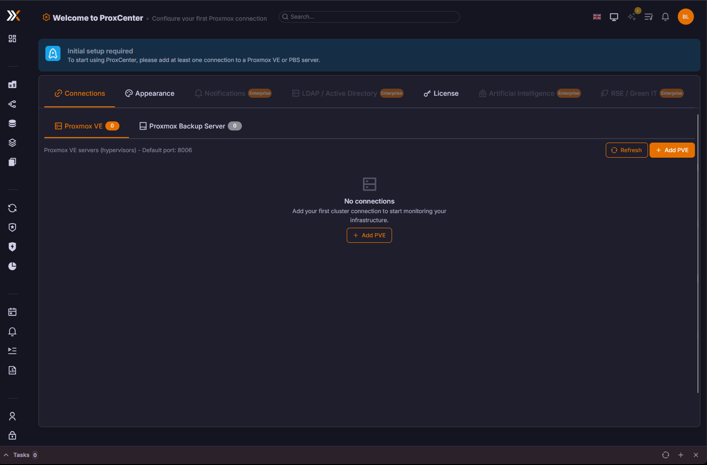 The default proxcenter dashboard after installation and logging in