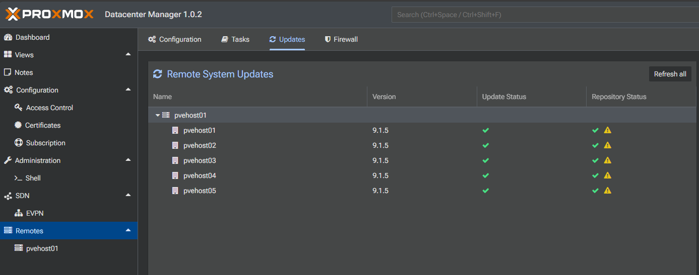 Using proxmox datacenter manager for proxmox ve server update visibility