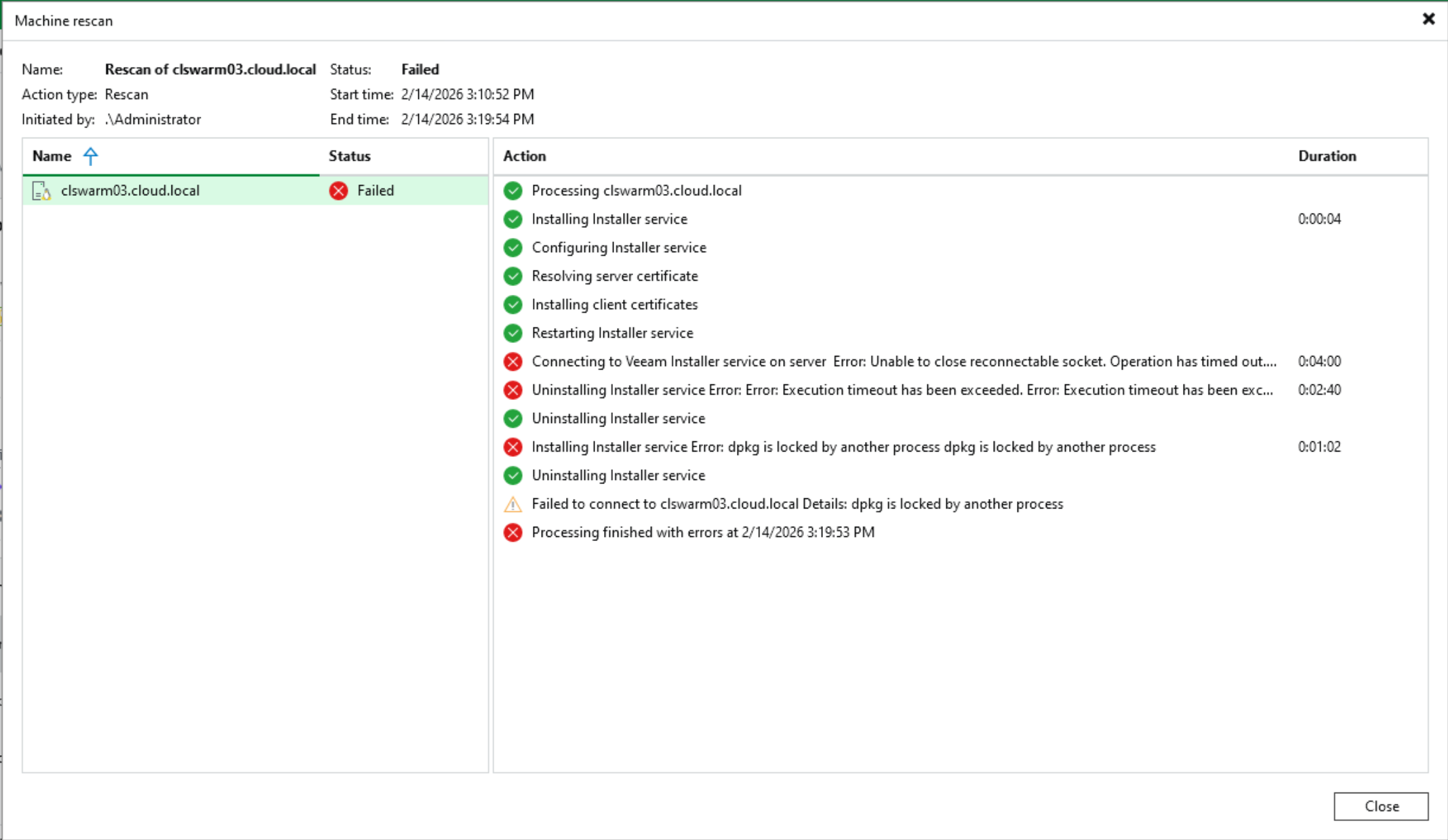 Veeam error with backing up my swarm host