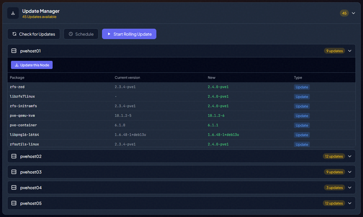 Viewing available updates and start rolling updates button