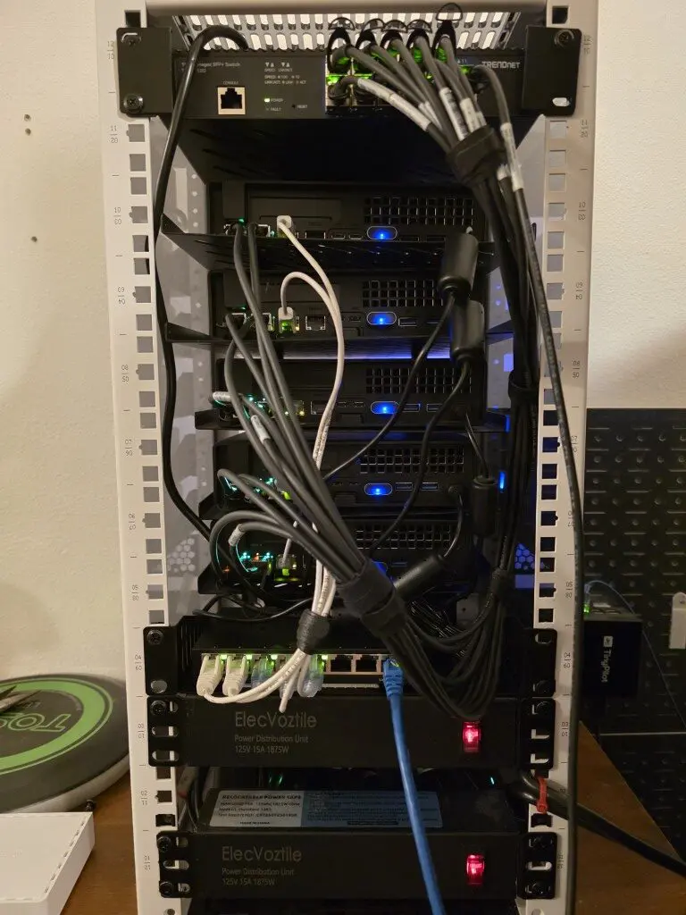 Viewing the back of the rack with the intel vpro uplinks into the dumb switch