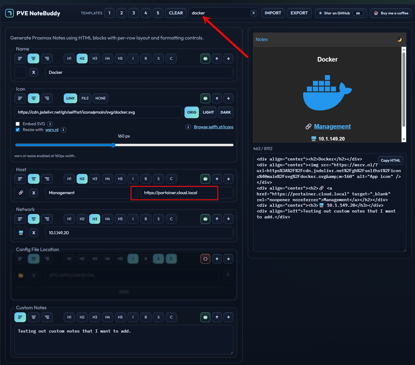 Adding notes for a docker host management url and other information