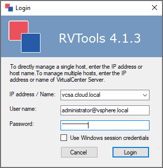 Connecting rvtools installation to vcenter server