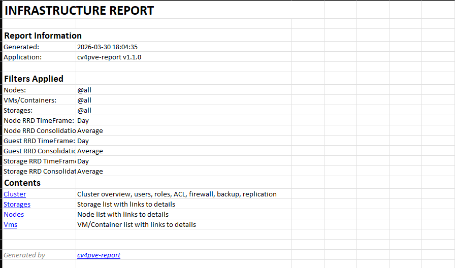 Cv4pve report infrastructure report spreadsheet