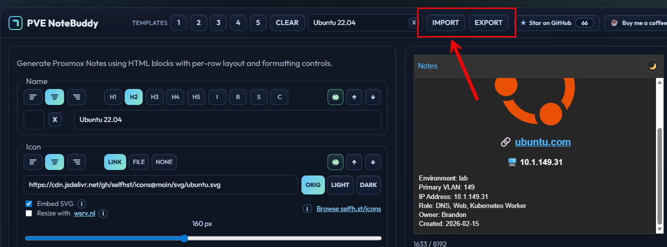 Export and import pve note buddy templates