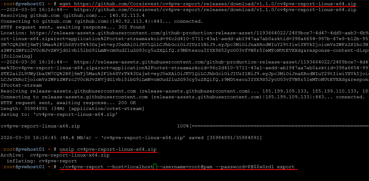 Installing cv4pve report tool and running the default export