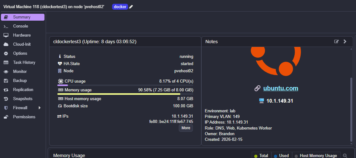 Notes field containing additional information for understanding a virtual machine