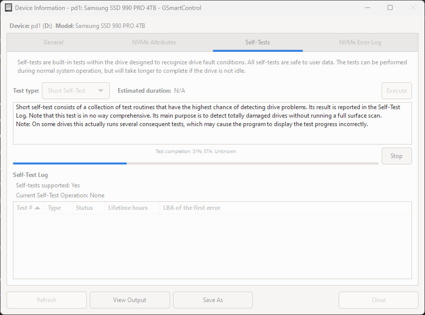 Running proactive self test with the gsmartcontrol tool