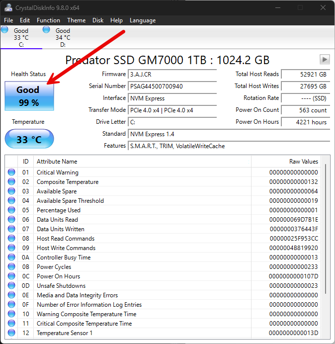 Running the crystaldiskinfo tool to get the health of a drive on a windows system
