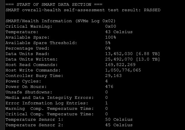 Running the smartctl a command to view the smart data for a disk