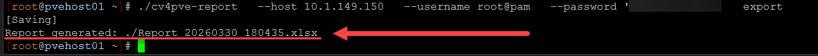 Running the tool and excel spreadsheet created with cv4pve report
