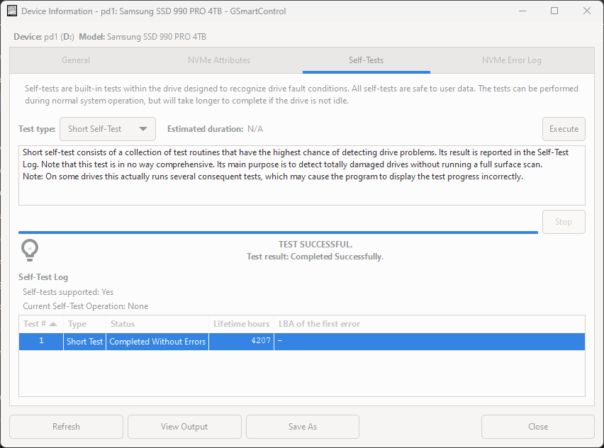 Successful self test using the gsmartcontrol tool