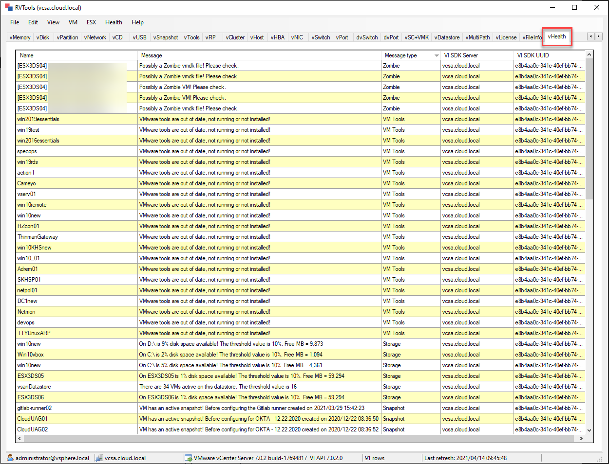 The vhealth tab in rvtools