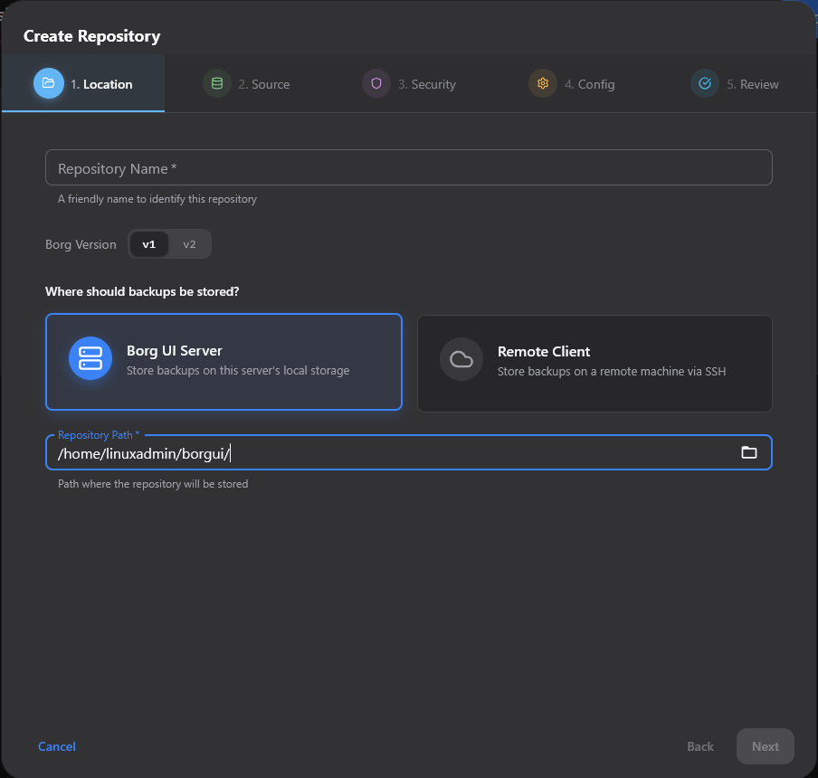 Configure the location of the new repository for borg backups