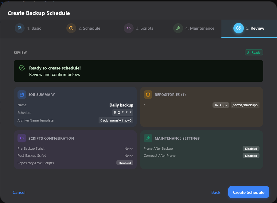 Confirm and create the backup schedule in borg ui