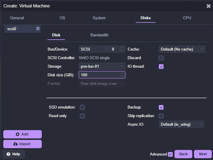Creating the virtual machine disk on the iscsi storage with the starwind x proxmox ve plugin