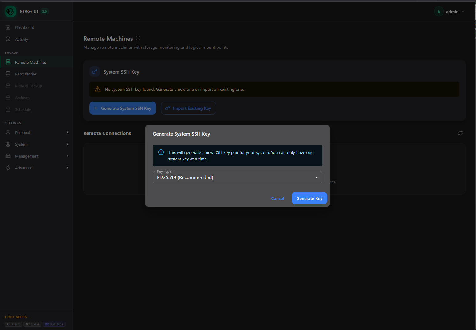 Generating a new key to use for remote connections in the borg ui