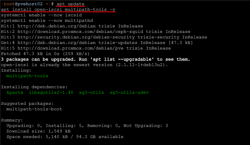 Installing the prereqs for iscsi in proxmox