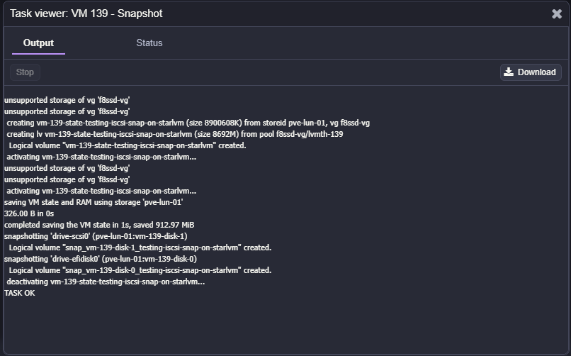 No issues creating a snapshot on this vm running on the iscsi lun with starwind x proxmox ve storage plugin