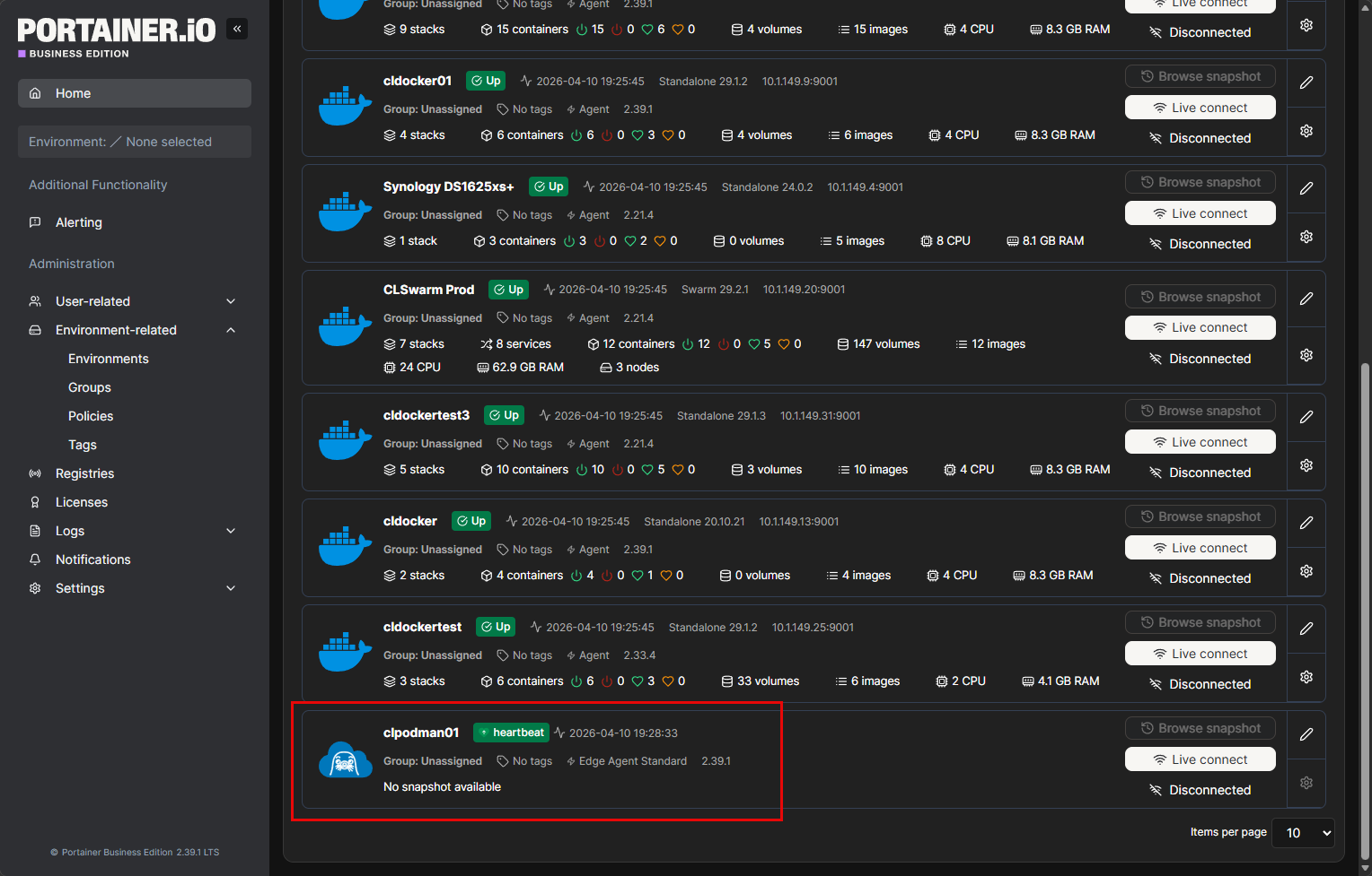 Portainer connected to podman for management