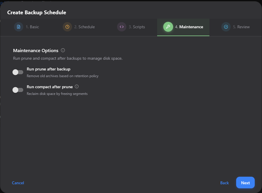 Run maintenance options to prune after backup and run compact after prune