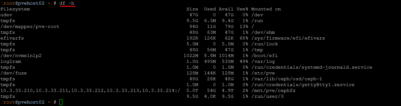 Running disk space command on proxmox node