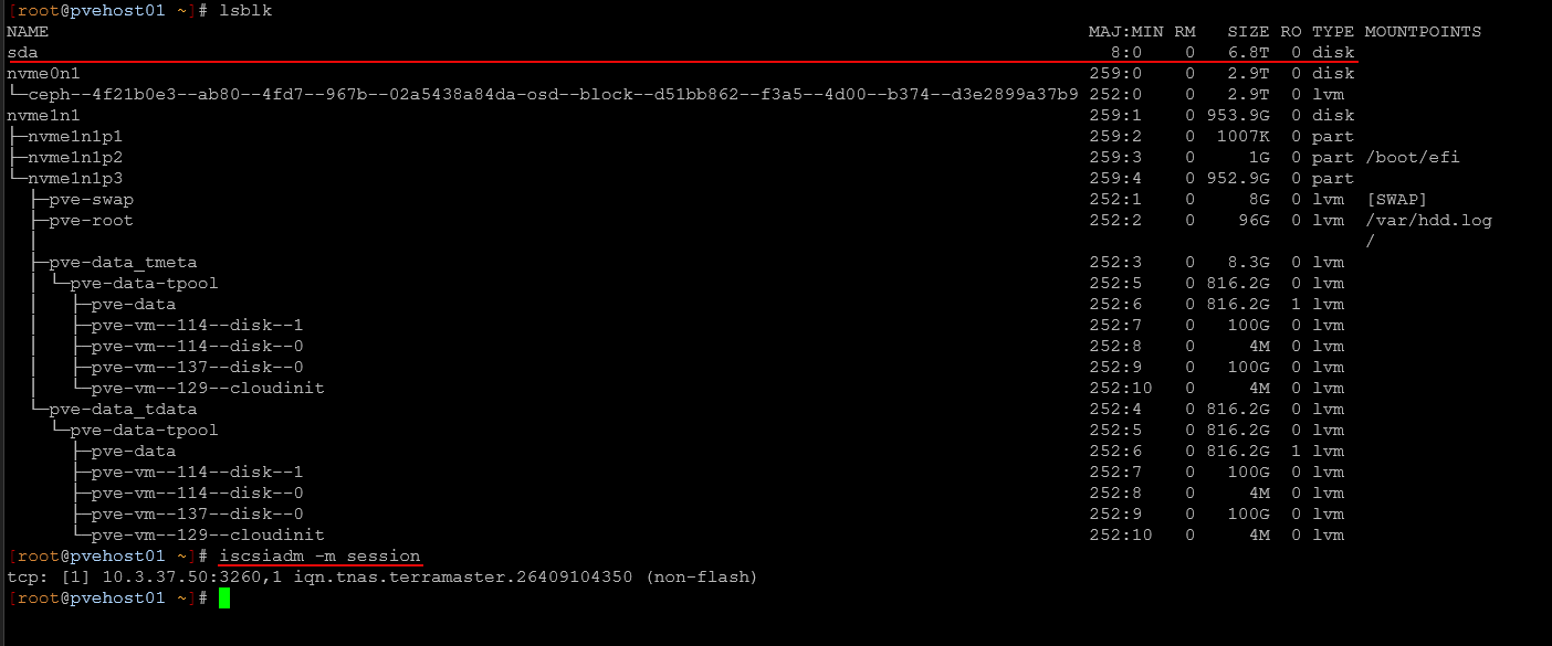Running lsblk and checking the mount of the iscsi lun
