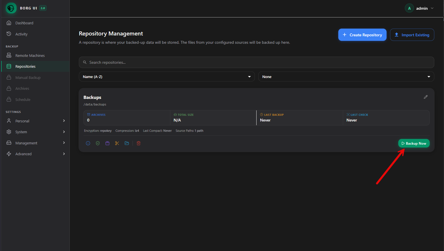 Running the backup job in the borg ui