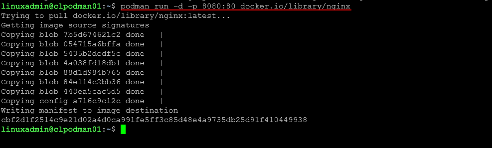 Running the first container using podman