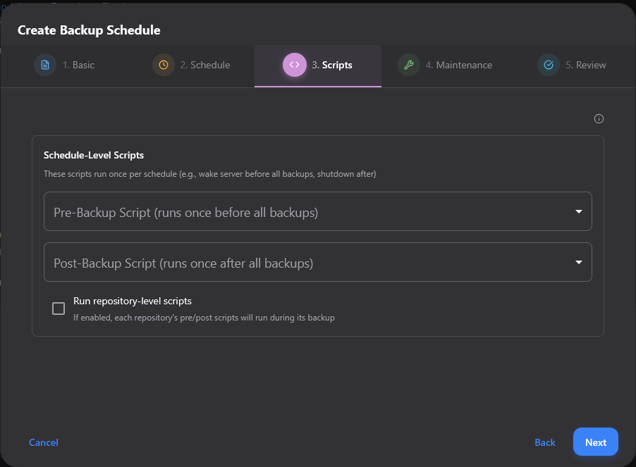 Scripts for pre and post backup jobs in borg ui backups