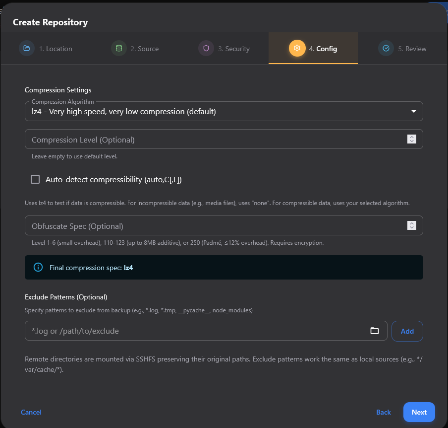 Set the configuration for the repository for transfers