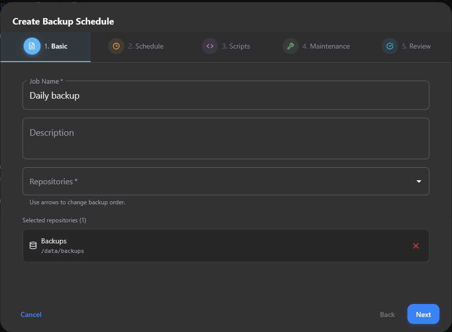 Setting the basic options for the scheduled backup job in borg ui