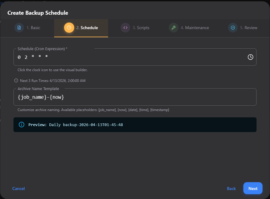 Setting the cron job for the backup schedule
