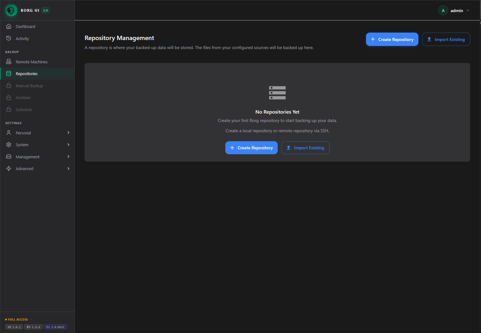 Setting up a new repository in borg backup ui