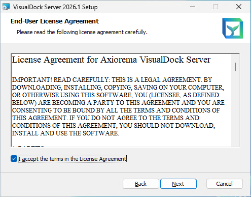 Accept the eula for visualdock server