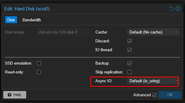 Async io setting in proxmox vm disk settings