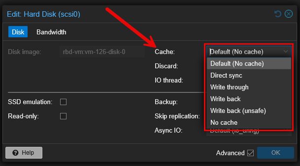 Cache settings in the proxmox disk configuration settings