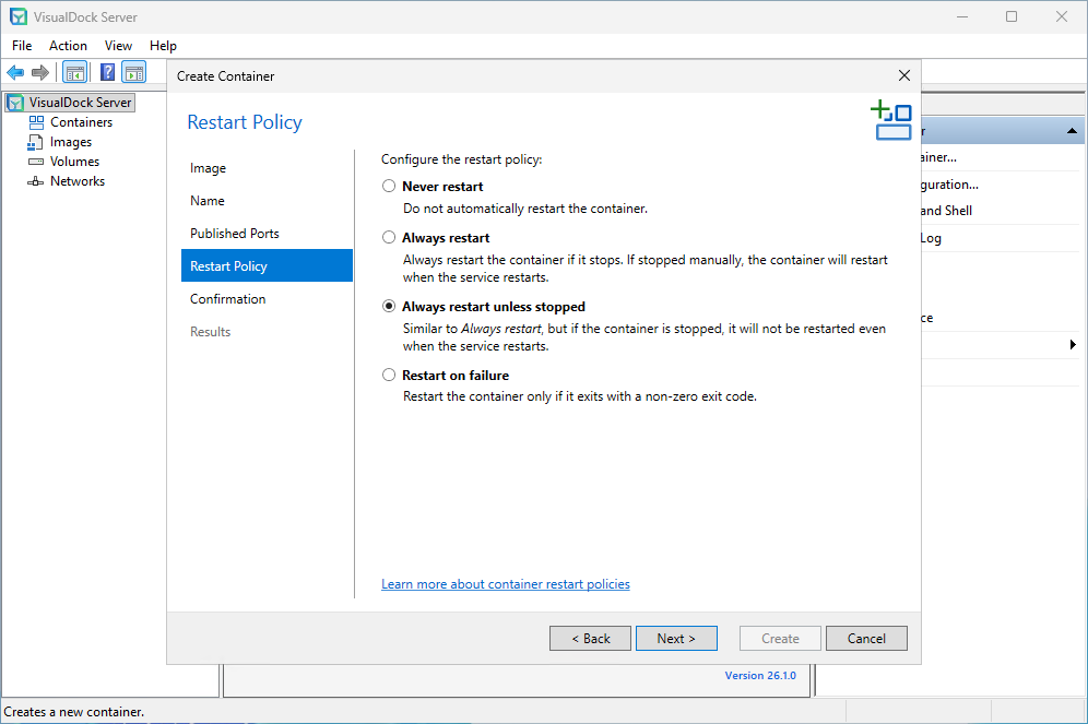 Configuring the restart policy for the iis container in visualdock server