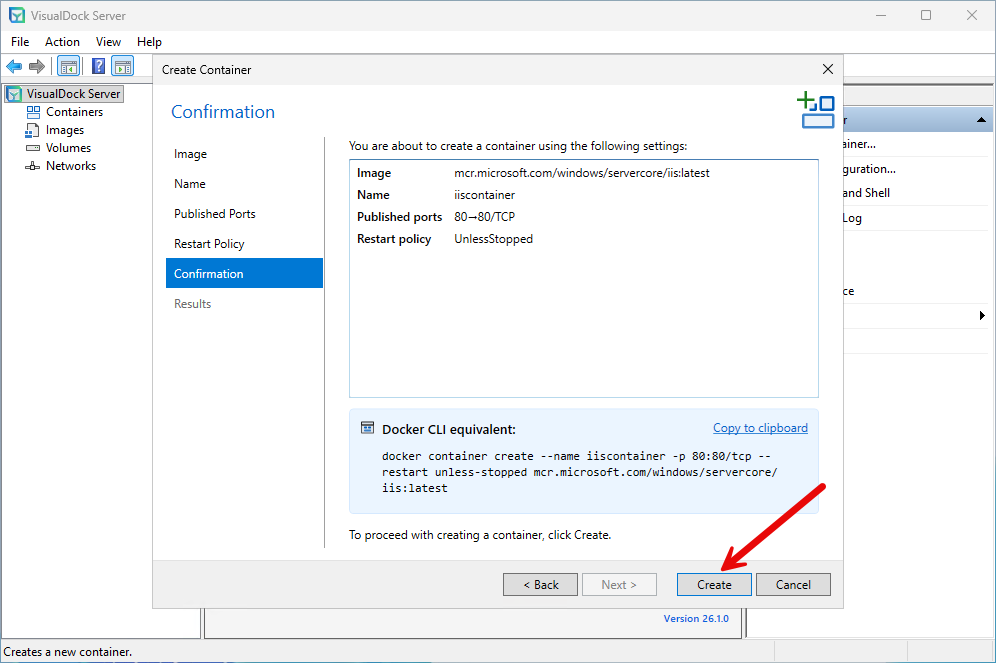 Confirming and creating the iis container