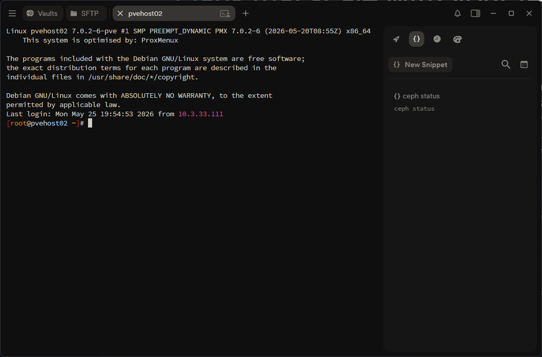 Connected to a proxmox host using termius