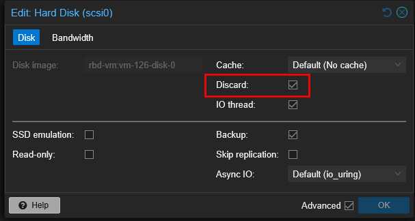 Enabling the discard option on a virtual machine disk in proxmox