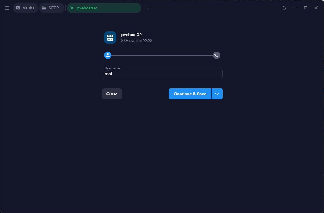 Entering the username for the host connection