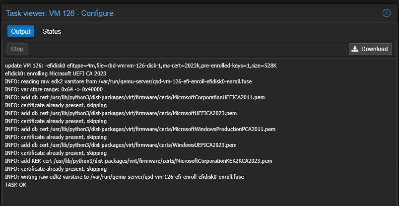 Looking at the proxmox task in the web ui