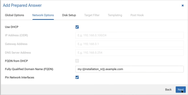 Network options in the answer file
