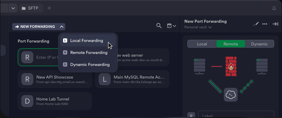 Port forwarding options found in termius